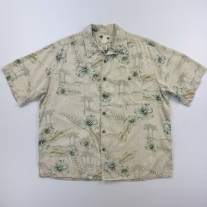 Banana Cabana Silk Hawaiian Shirt Mens XL Beige Floral Tropical Camp